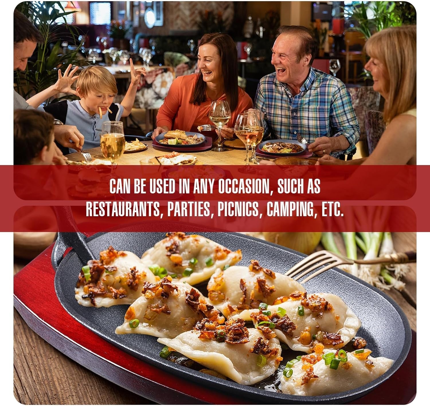 12 Pieces Oval Cast Iron Fajita Pan Set Sizzling Steak Plate with Wooden Base and Handle Cast Iron Steak Cast Iron Fajita Skillet Sizzling Plate for Home Restaurant and Barbecue Picnic - Image 6