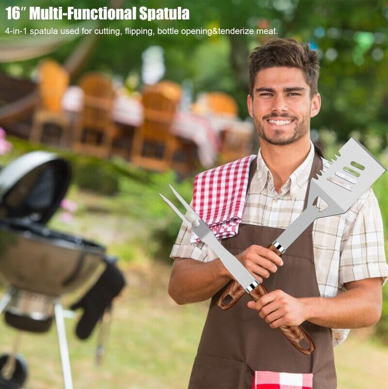 31Pcs BBQ Grill Accessories Set for Men Dad. Heavy Duty Grilling Tools Gifts for Fathers Day. Stainless Steel BBQ Utensils Kit with Mats. Grill Brush in Carrying Bag Brown - Image 5