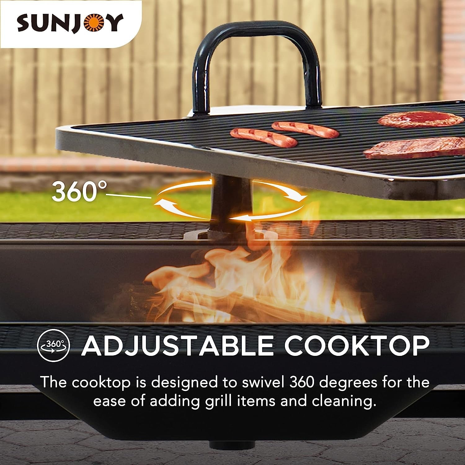 Sunjoy 38 In. Fire Pit for Outside. Square Wood Burning Firepit Large Steel Fire Pits with Adjustable Cooking Swivel BBQ Grill and Fire Poker Black - Image 5