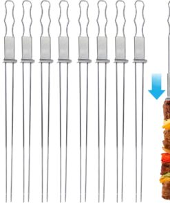Blue Donuts 10 Pack Kabob Skewers for Grilling 17 Inch – Kabob Skewers with Push Bar. Stainless Steel Skewers with Comfortable Handle Grip. BBQ Grilling Accessories