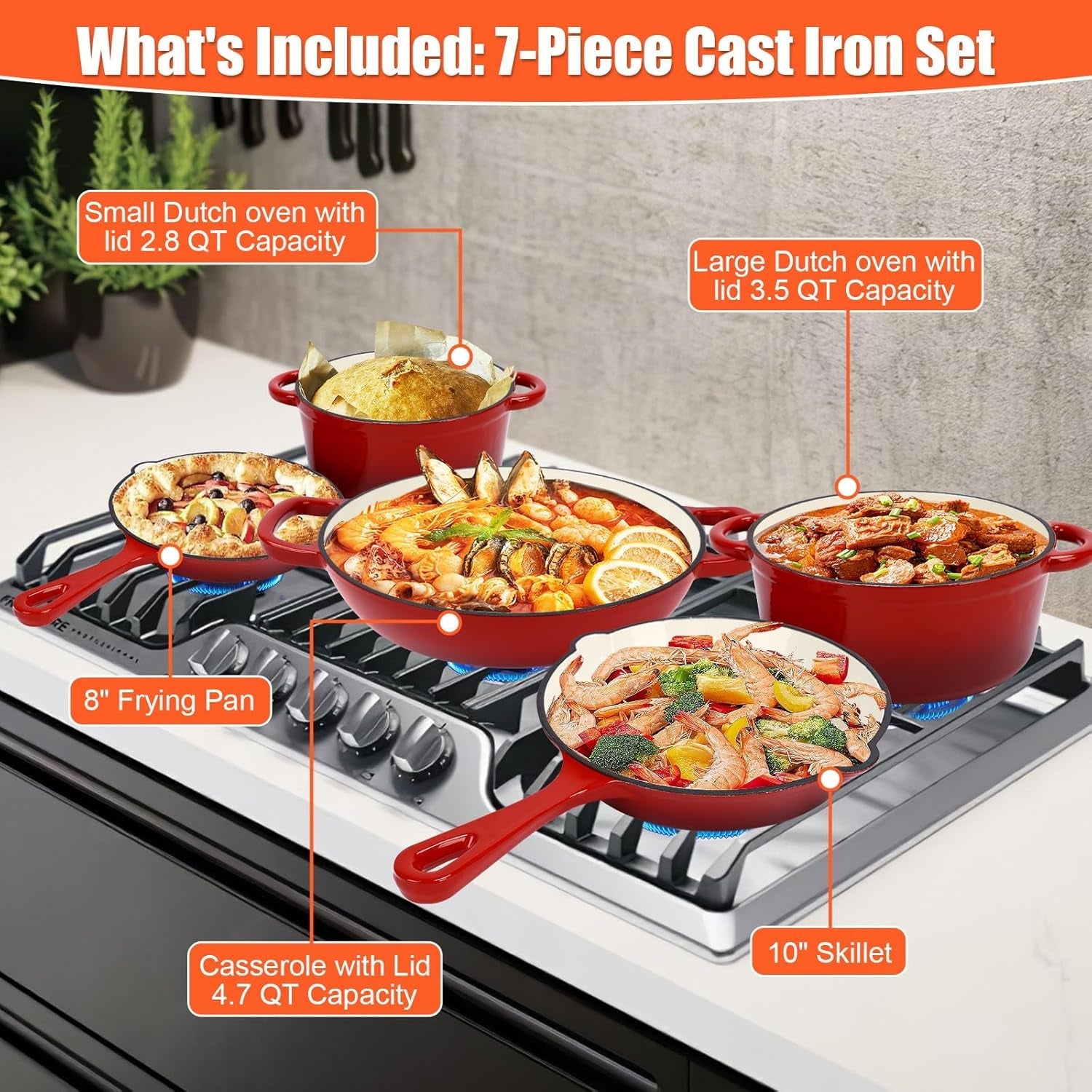 Nonstick Enameled Cast Iron Cookware Set. 8-Pcs Pots and Pans with Lid. Skillet. Frying Pan. Saucepan & Dutch Oven for All Stovetops. PFA Free - Ideal for Sourdough Bread Baking - Comes with Organizer - Image 2