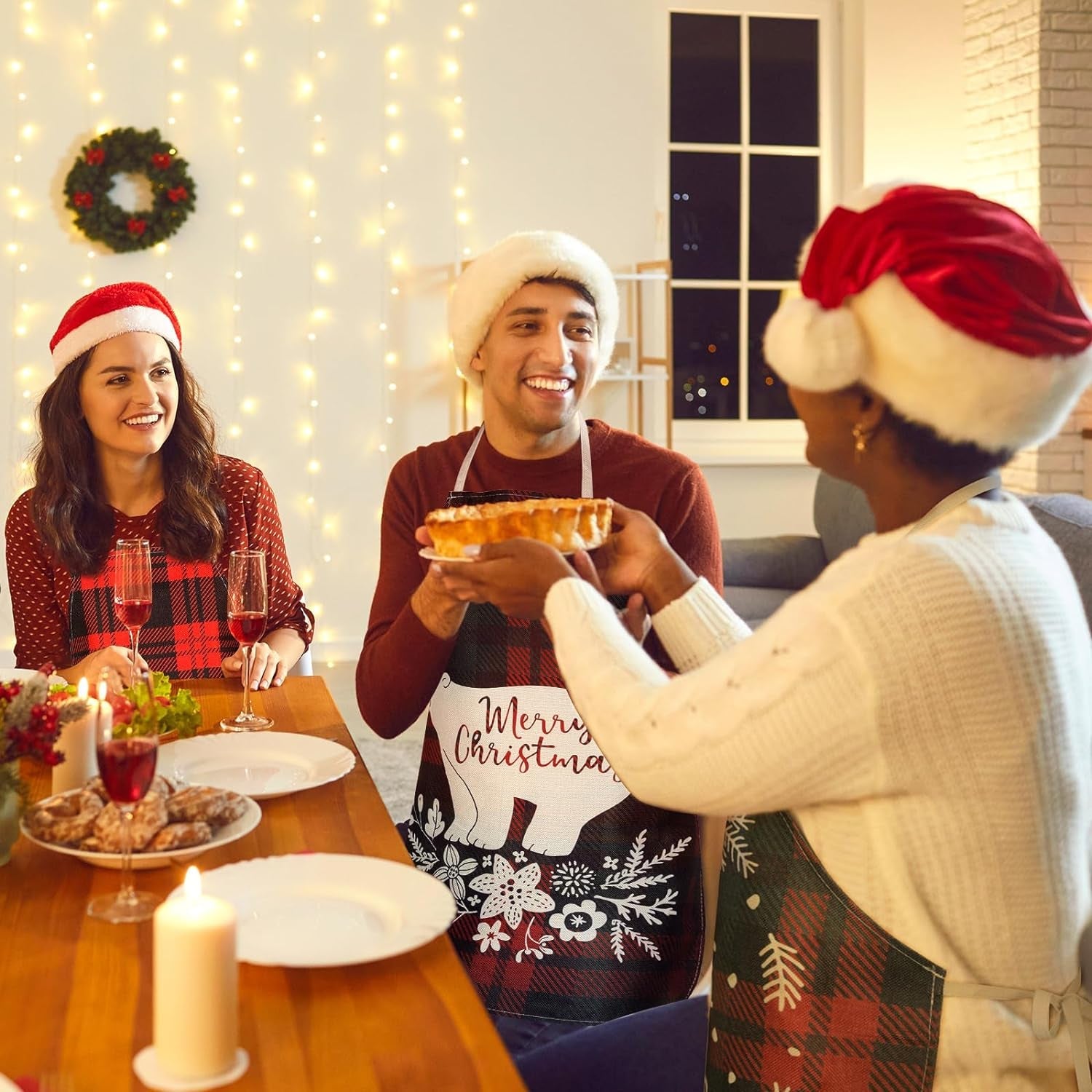 8 Pcs Christmas Buffalo Plaid Aprons Waterproof Holiday Kitchen Aprons Xmas Adjustable Baking Cooking Aprons Merry Christmas Aprons for Women Men Adults Chef Housewife - Image 6