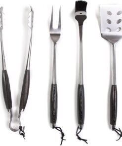 Schmidt Brothers - BBQ Ash 4 Piece Grill Set. Full-Forged Stainless Steel Grilling Utensils Including Spatula. Fork. Basting Brush. and Tongs with All Wood Handles