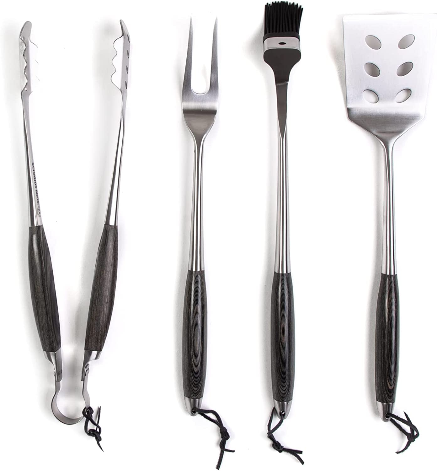 Schmidt Brothers - BBQ Ash 4 Piece Grill Set. Full-Forged Stainless Steel Grilling Utensils Including Spatula. Fork. Basting Brush. and Tongs with All Wood Handles