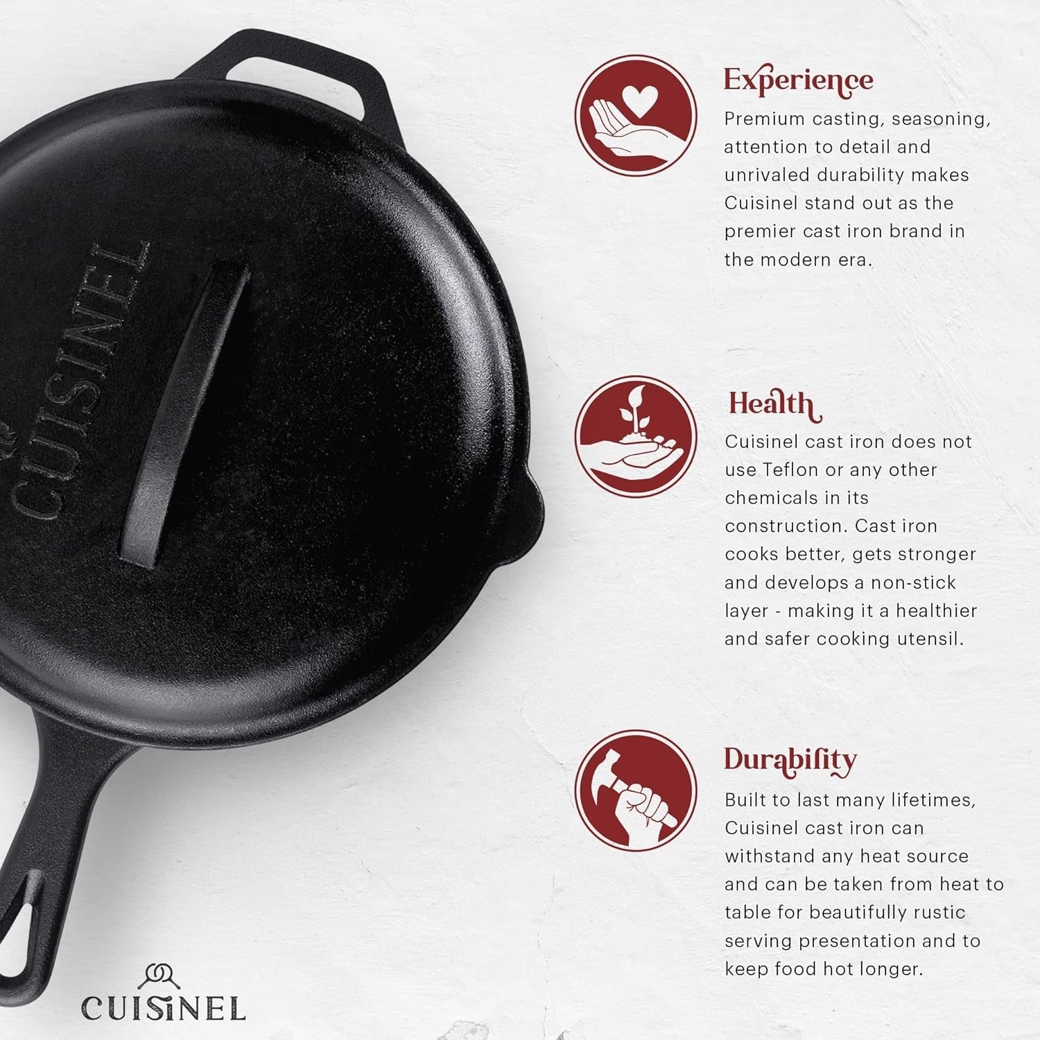 Cuisinel Cast Iron Skillets Set with Lids - 8+10+12-Inch Pre-Seasoned Covered Frying Pan Set + Silicone Handle and Lid Holders + Scraper/Cleaner - Use Cookware Indoor/Outdoor. Oven. Stovetop. Fire - Image 5