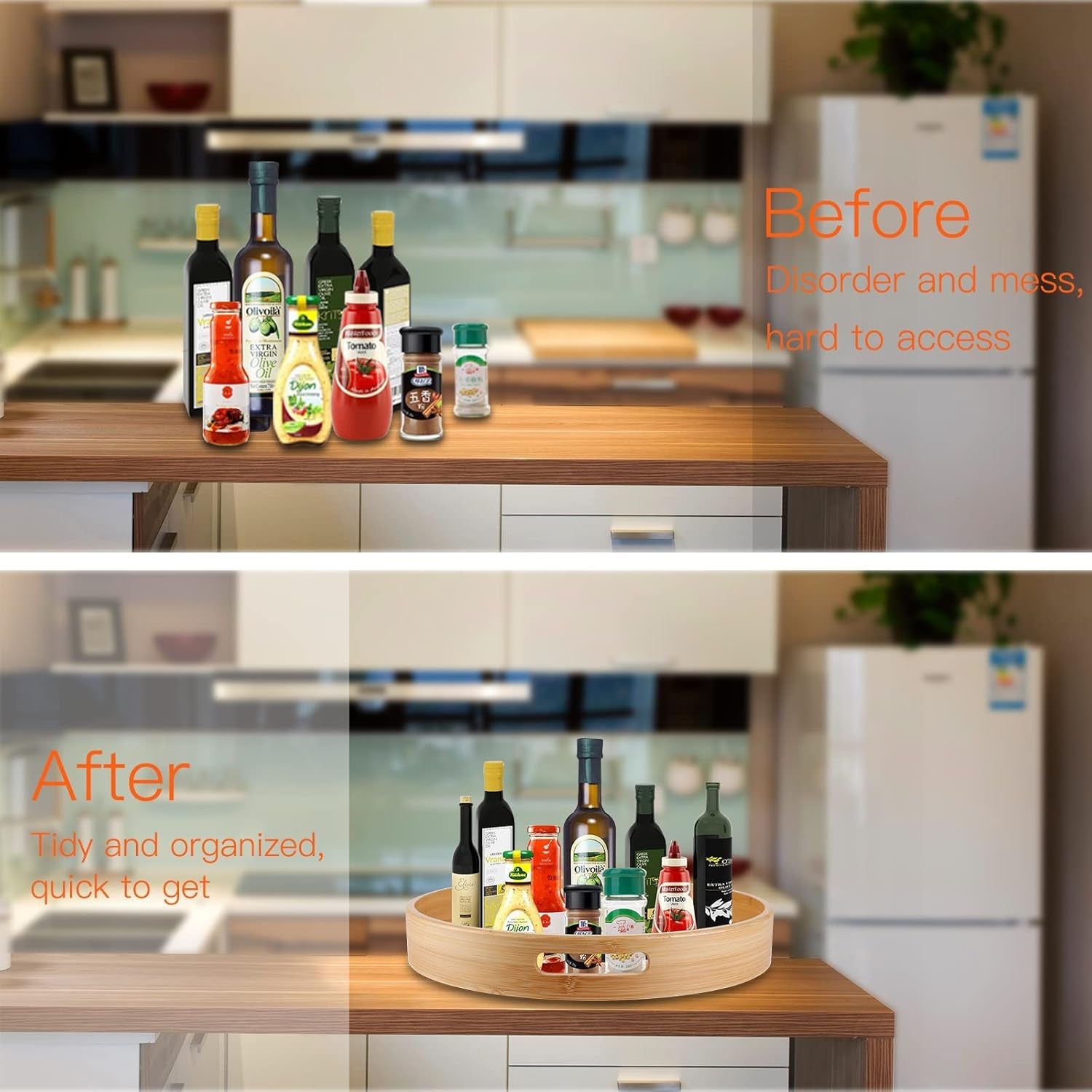 14 Bamboo Lazy Susan Organizer – Round Turntable with Double Handles for Table. Kitchen. Pantry & Spice Storage - Image 5