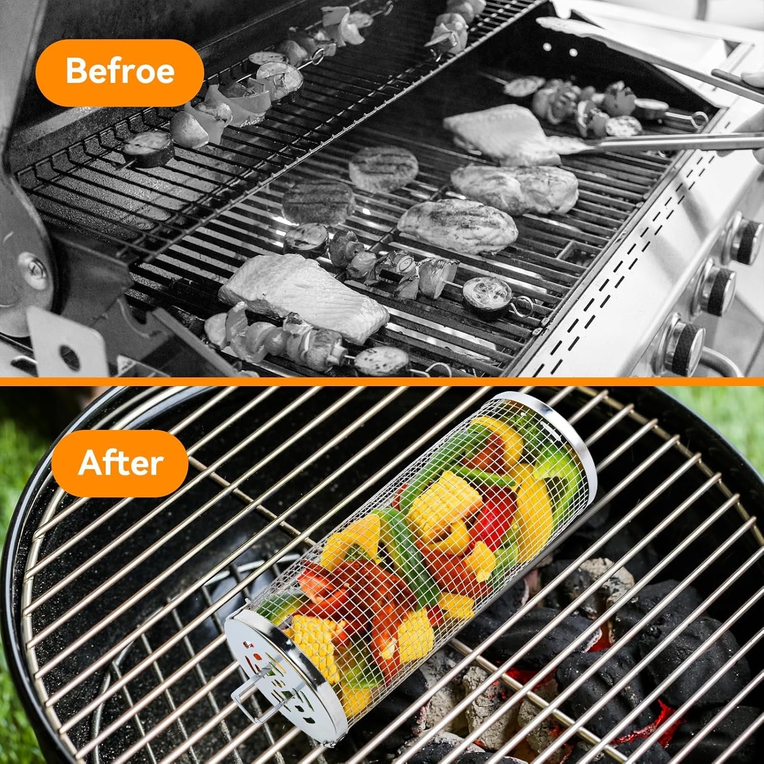 Rolling Grill Baskets for Outdoor.2 PCS BBQ Grilling Basket with Removable Wooden Handle. 5 and 3Diameter 304 Stainless Steel BBQ Net for Vegetables Seafood Meat. Camping Birthday Gifts for Men Dad Husband - Image 3