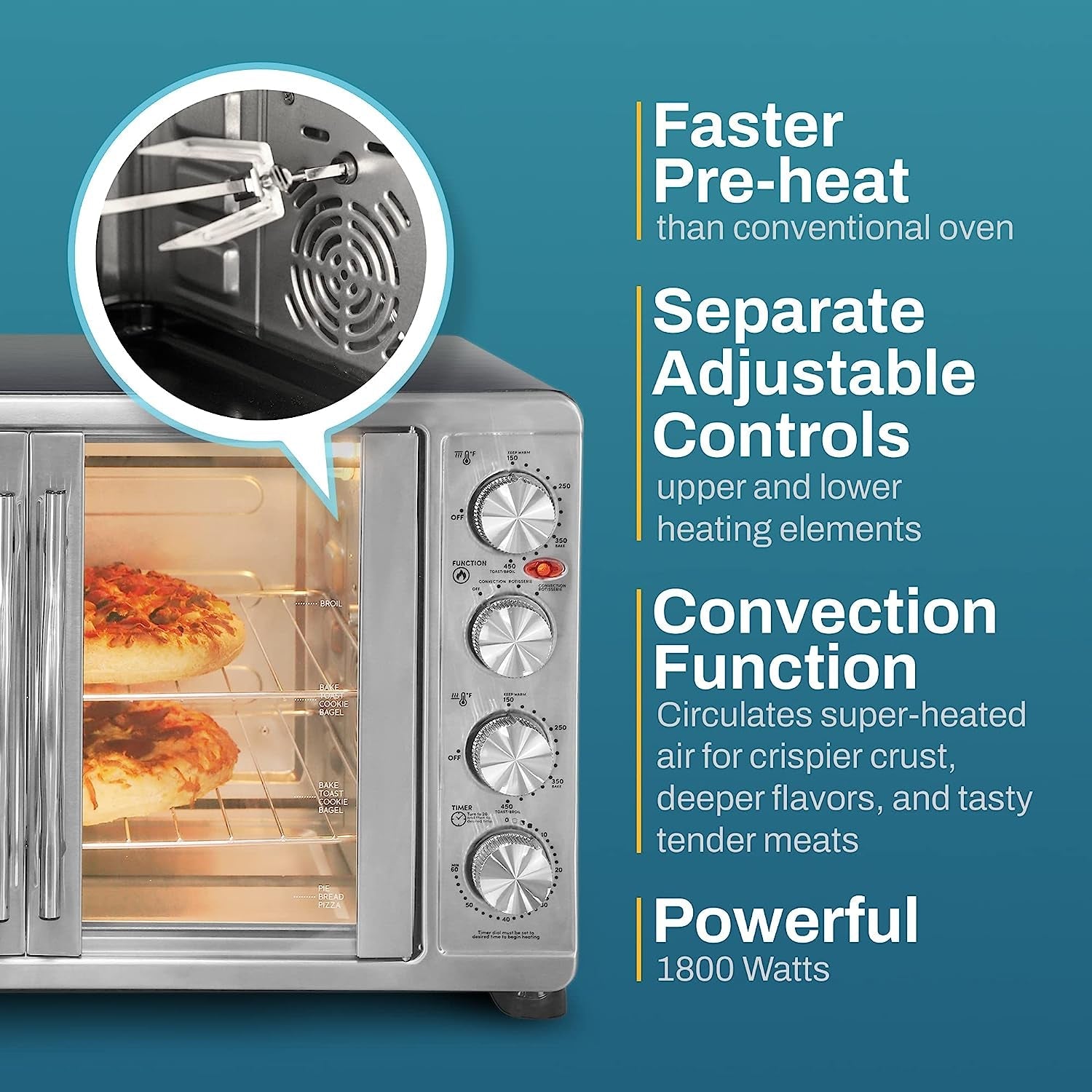Elite Gourmet ETO-4510M French Door 47.5Qt. 18-Slice Convection Oven 4-Control Knobs. Bake Broil Toast Rotisserie Keep Warm. Includes 2 X 12 Pizza Racks. Stainless Steel - Image 5