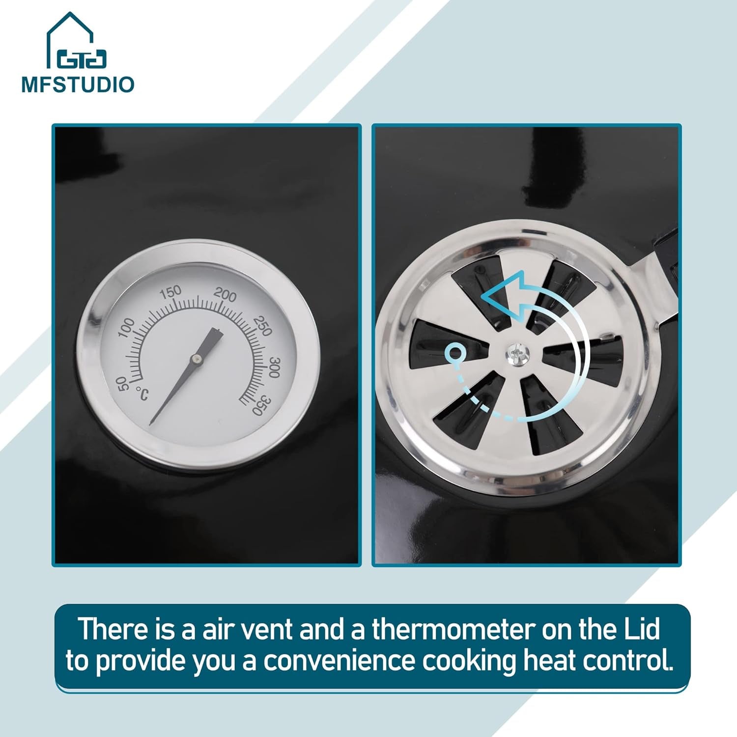 MFSTUDIO 22 Master Kettle Charcoal Grill. Premium Outdoor Barbecue Grill with Thermometers. Porcelain-Enameled Lid & Ash Catcher. Black - Image 9