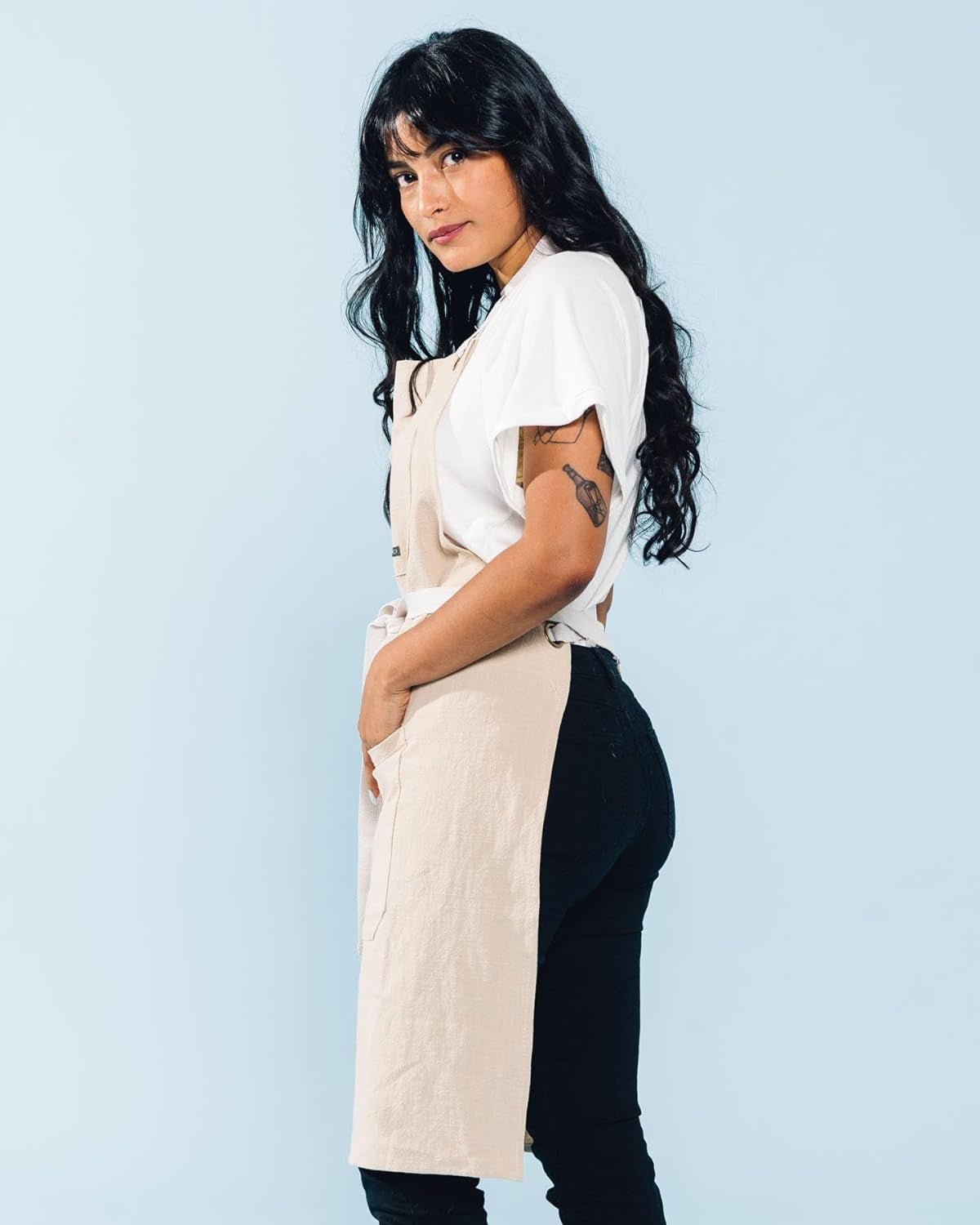 Linen Kitchen Apron for Cooking- Mens and Womens Linen Bib Apron for Professional Chef. Server. or Barista- Adjustable with Pockets (Bone) - Image 6