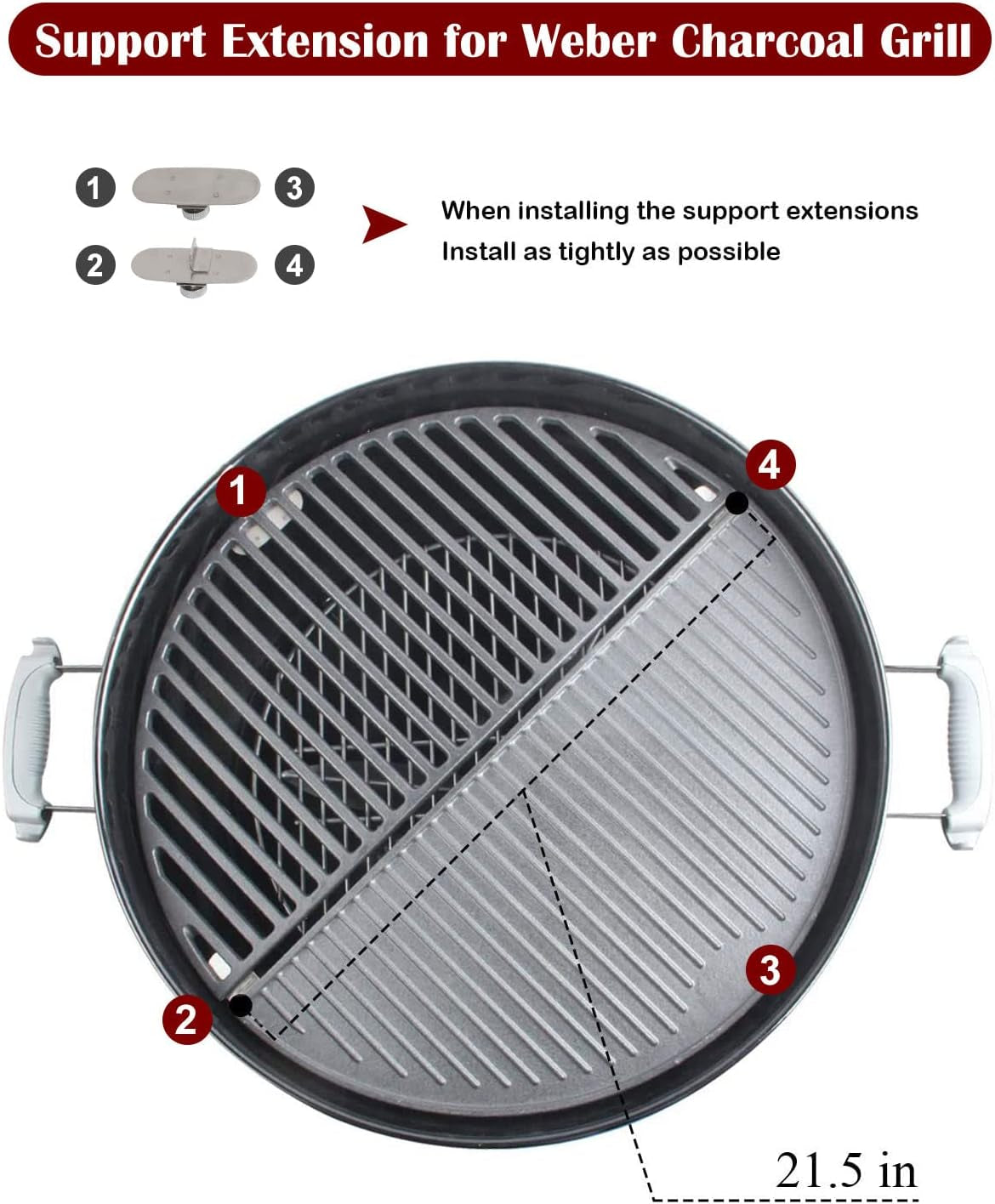 Kamaster 22 Half Moon Cast Iron Cooking Grate Grill Accessory Replaces for Weber Charcoal Grill Half Moon Grate+Griddle+4 Support Extension.Cooking Grate for Weber 22 - Image 3