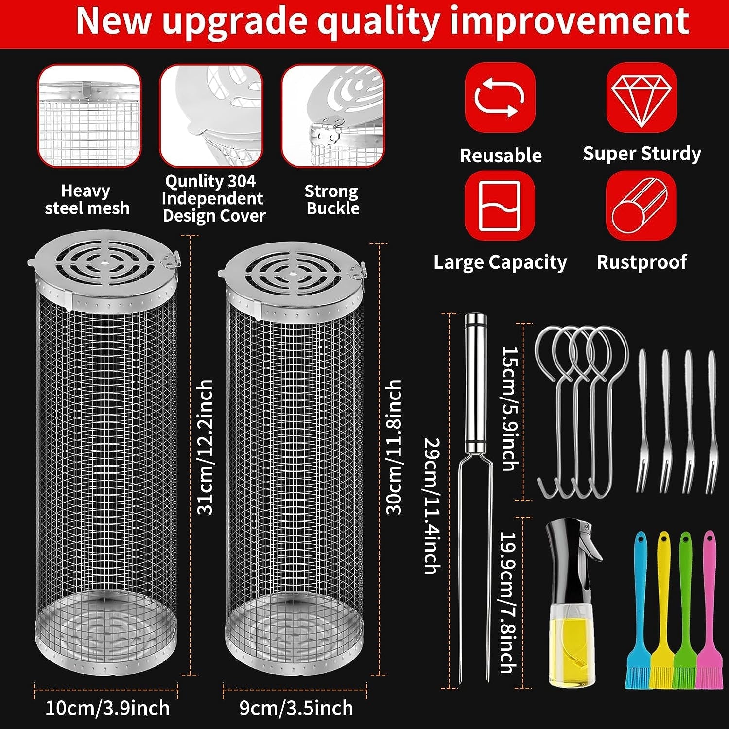 Rolling Grilling Baskets for Outdoor Grill Bbq .Stainless Steel Grill Mesh Barbeque Grill Accessories.Outdoor round BBQ Stainless Steel Grill Basket Campfire Grill Grid - Camping Picnic Cookware (2Pc-12.2In*3.9In+11.8In*3.5In) - Image 2