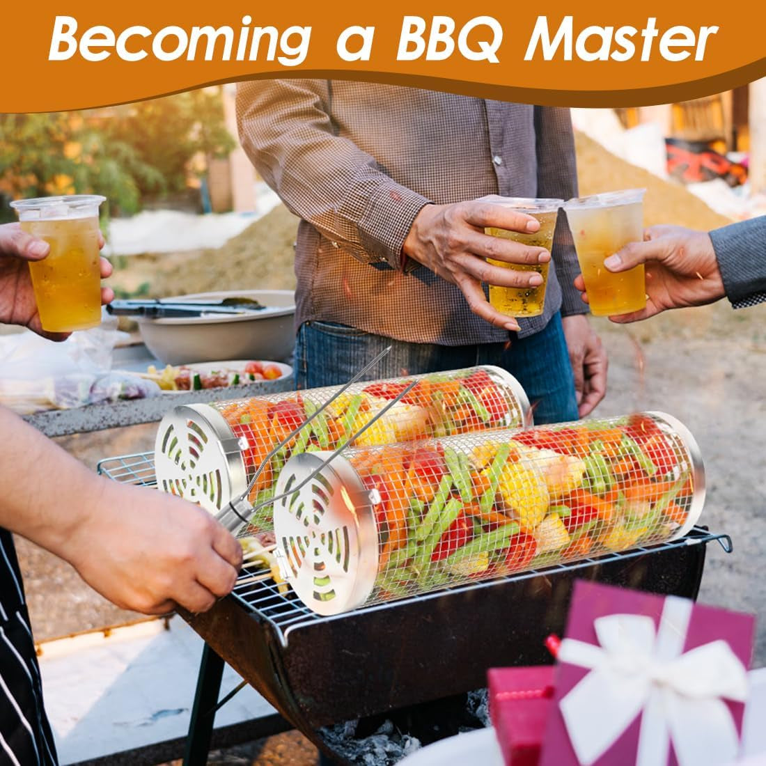 Rolling Grilling Baskets 2 PCS. Stainless Steel BBQ Net Tube Baskets with Oil Sprayer BBQ Accessories Tools for Vegetable Fish Meat Food Camping. Gifts for Men Dad and Husband - Image 6