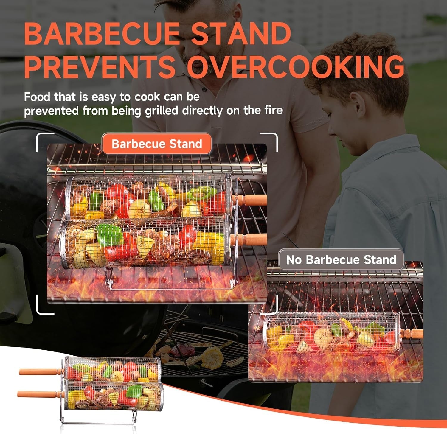 Rolling Grill Basket for Outdoor Grill 2 PCS. BBQ Grilling Gifts for Men Dad Husband. Stainless Steel Grill Mesh Barbeque Grill Accessories. Grilling Net with Wooden Handle & Stands. Outdoor Camping Tools for Chicken. Meat. Fish. Steak. Vegetables. Seafoo - Image 5