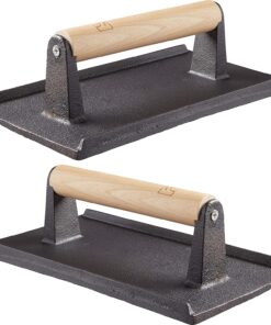 Pro Grade. Pre Seasoned Cast Iron Grill Weight 2Pk. Heavy Duty Steak and Burger Press with Wooden Handle for Grills. Griddles and Flattops. Perfect Gadget for Bacon. Paninis. Sandwiches and Vegetables