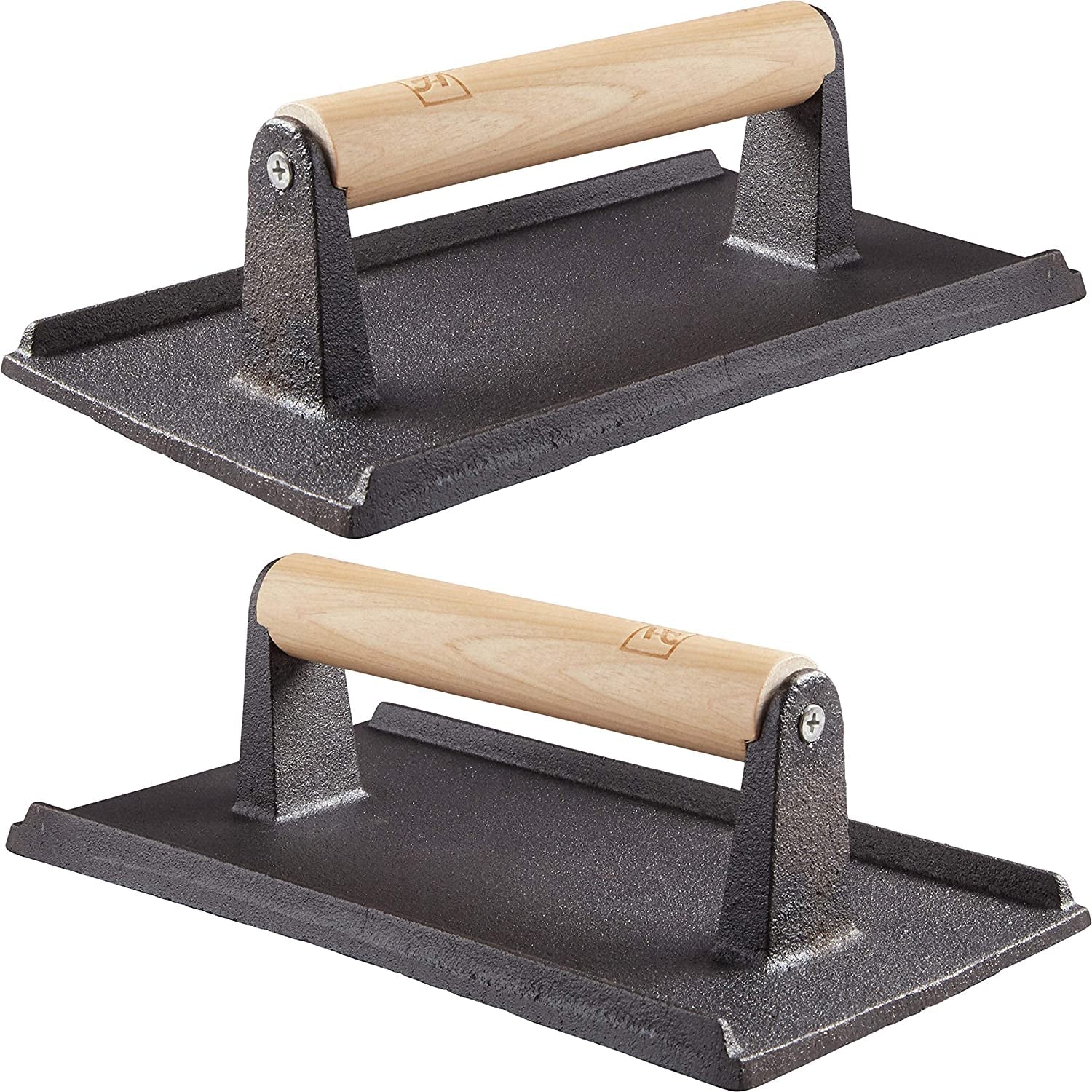 Pro Grade. Pre Seasoned Cast Iron Grill Weight 2Pk. Heavy Duty Steak and Burger Press with Wooden Handle for Grills. Griddles and Flattops. Perfect Gadget for Bacon. Paninis. Sandwiches and Vegetables