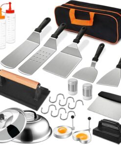 24Pcs Griddle Accessories Set. Stainless Steel Flat Top Grill Spatula Kit for Outdoor Barbecue Camping Cooking. Included Basting Cover. Scraper. Cast Iron Grill Press. Carrying Bag