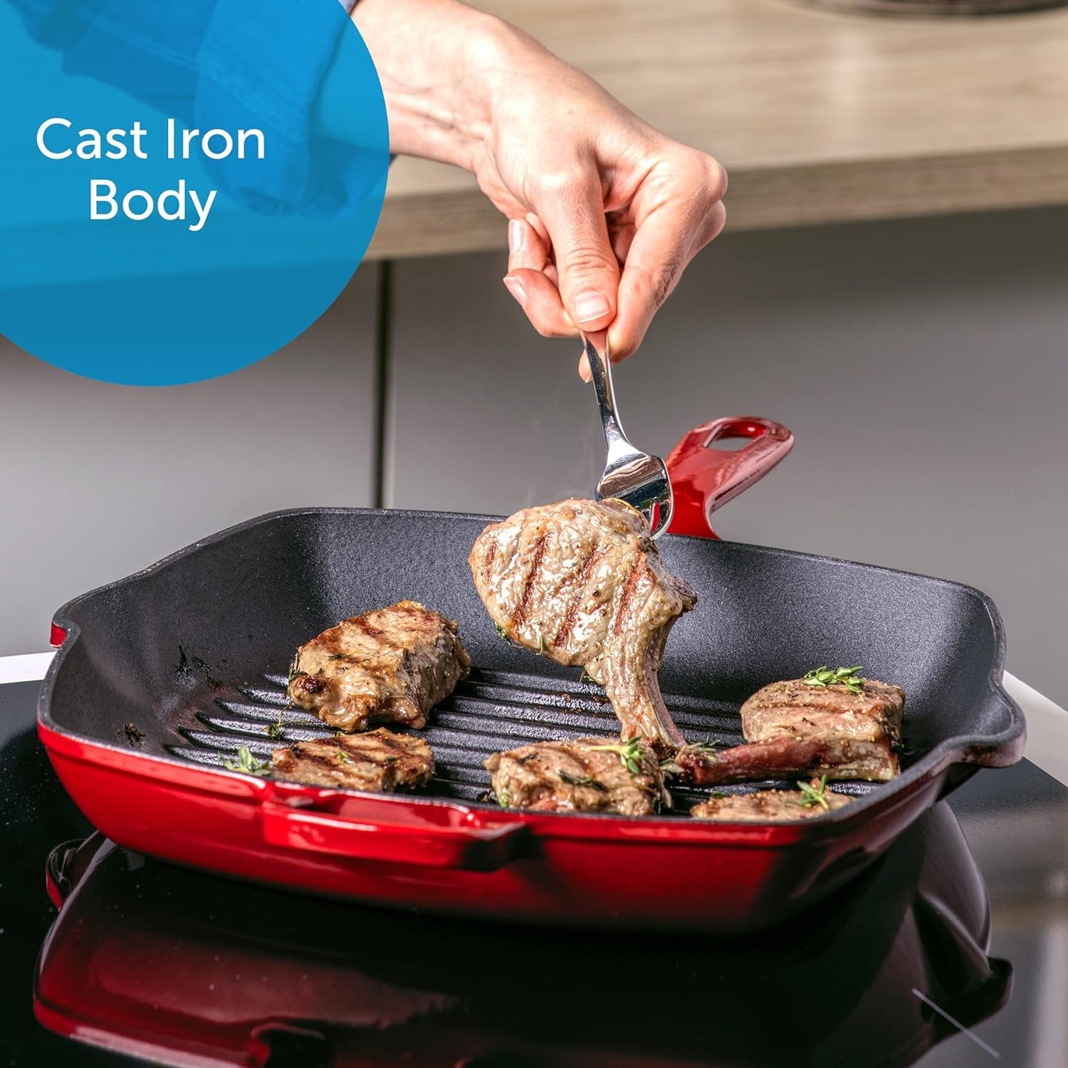 Bourgogne Enameled Cast Iron Induction Nonstick Grill Pan. PFAS Free. Dishwasher Safe. Chili Red - Image 2