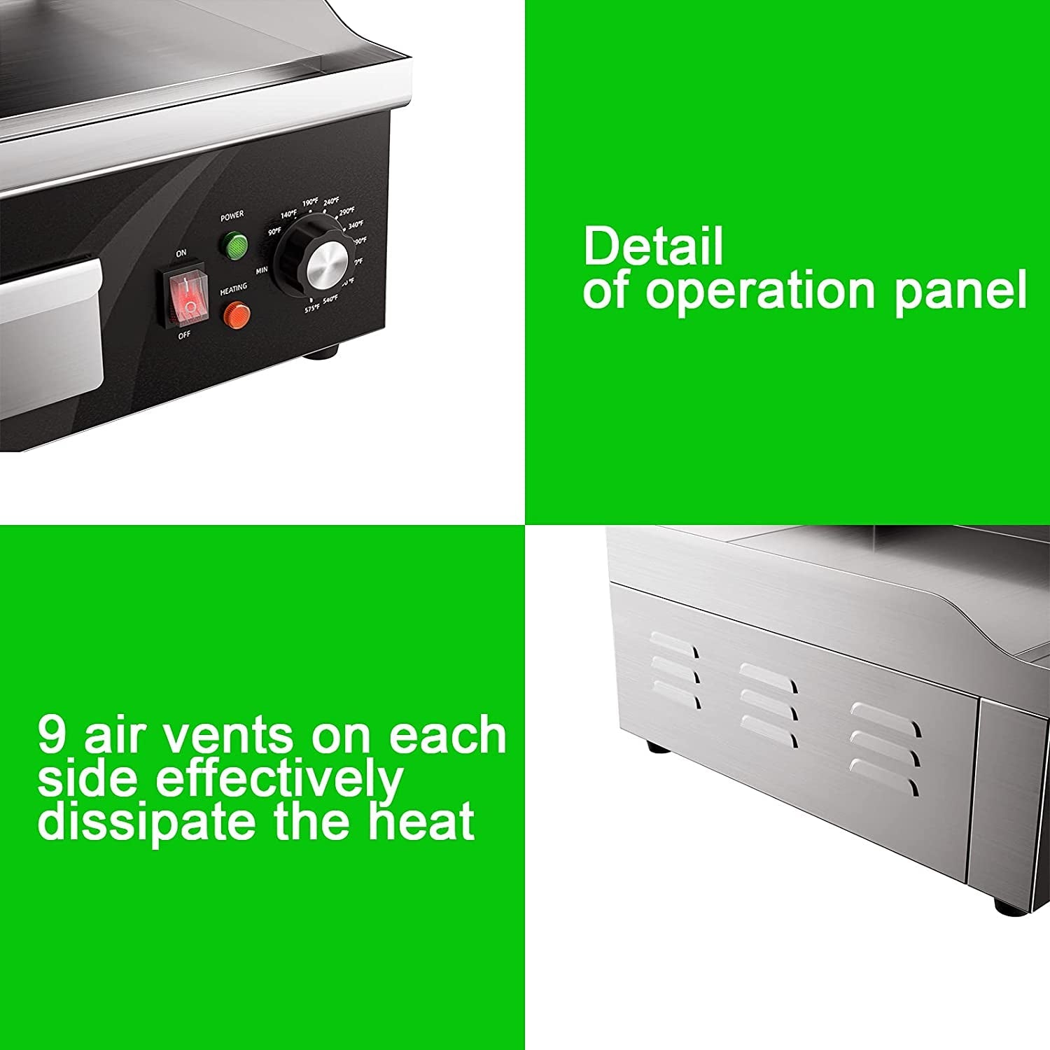 Electric Griddle. 14 Inch Flat Top Grill Commercial Electric Griddles Stainless Steel Adjustable Temperature Control 90℉-575℉ for Home or Restaurant Use - Image 4