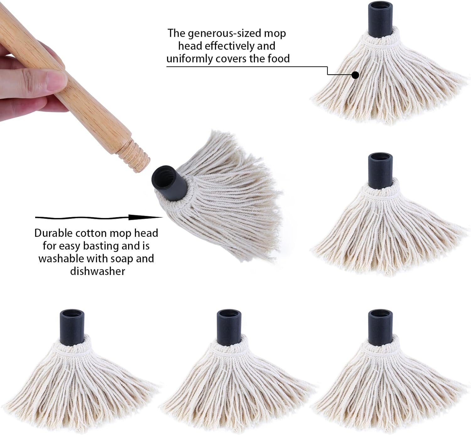 Donxote 18 Inch BBQ Mop Brush Set of 2. with 6 Extra Replacement Heads. Wooden Long Handle Cotton Head Mopping Basting Grill Sauce Perfect for Grilling Smoking Steak Marinade or Glazing - Image 2