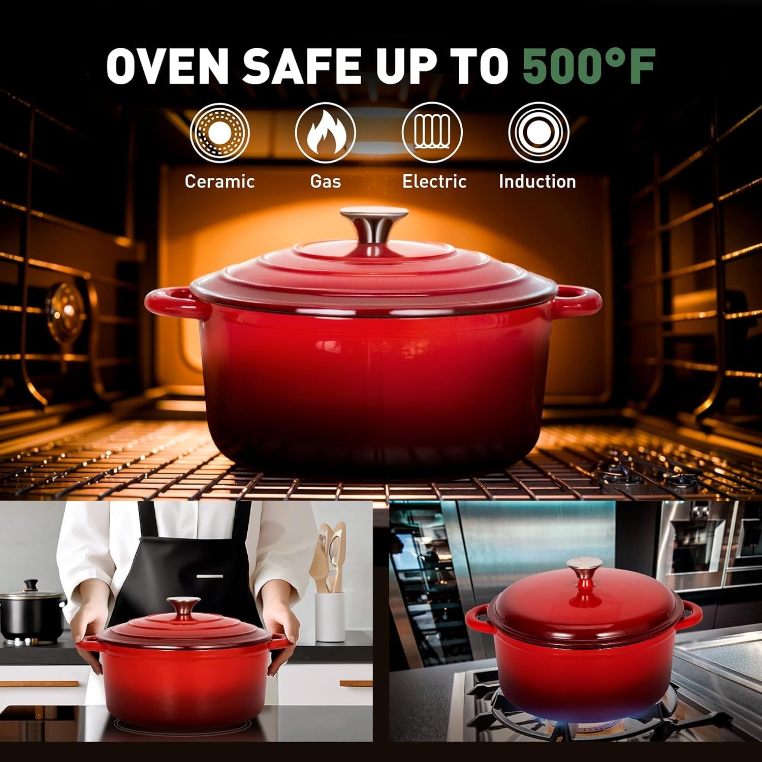 Kitchen Academy Enameled Cast Iron Cookware Set - 7 Piece Pots and Pans Set Nonstick - Skillet. Deep Frying Pan. Wok.Saucepan and Dutch Oven. Heavy Duty Oven Safe up to 500° F or on All Stovetop - Image 6