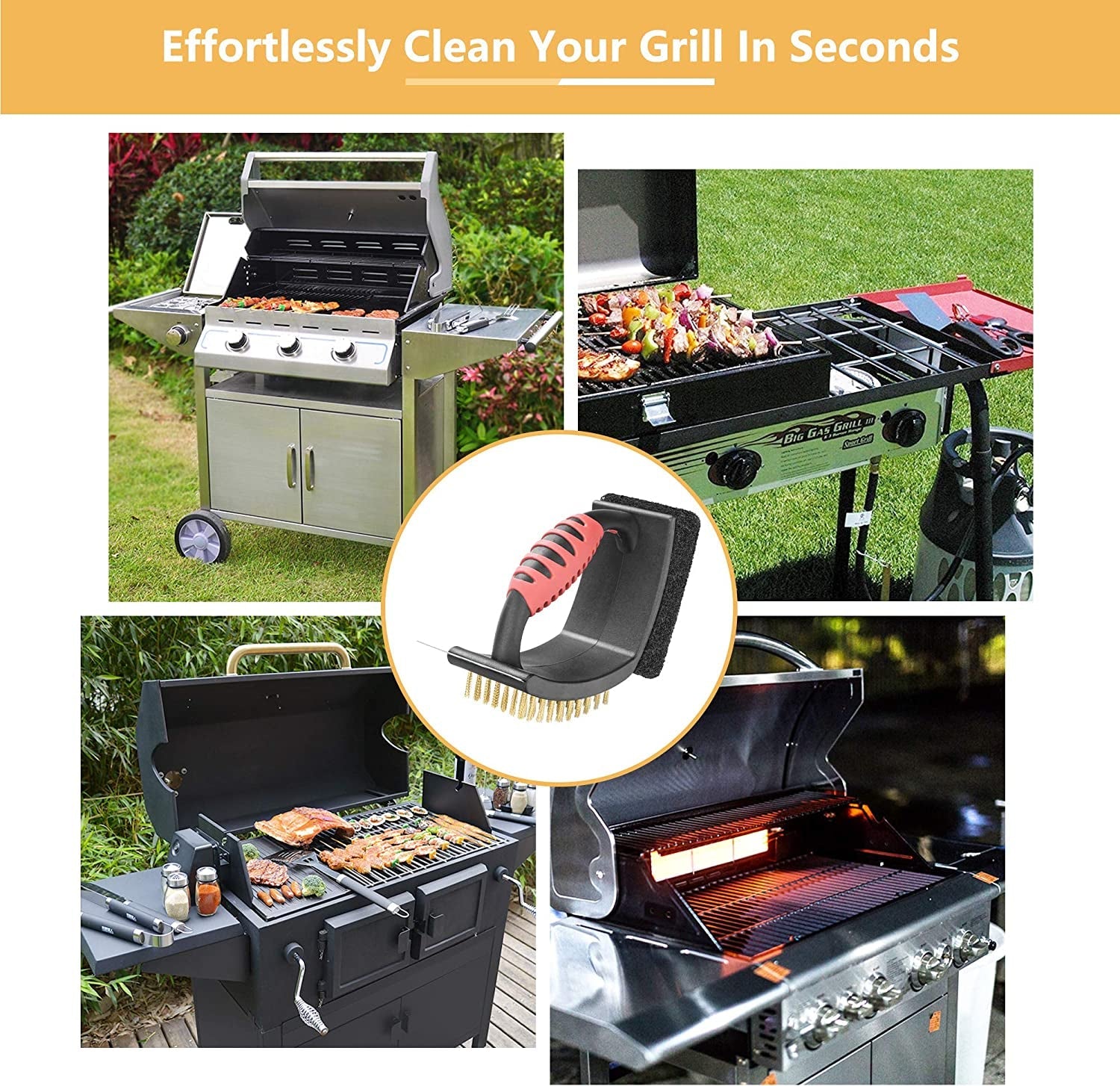 Grill Brush for Outdoor Grill. Brass Grill Cleaning Brush BBQ Cleaning Brush for Outdoor Grill. Multifunctional with Brass Bristle Scouring Pad and Scraper Grill Cleaner Brush and Scraper - Image 6