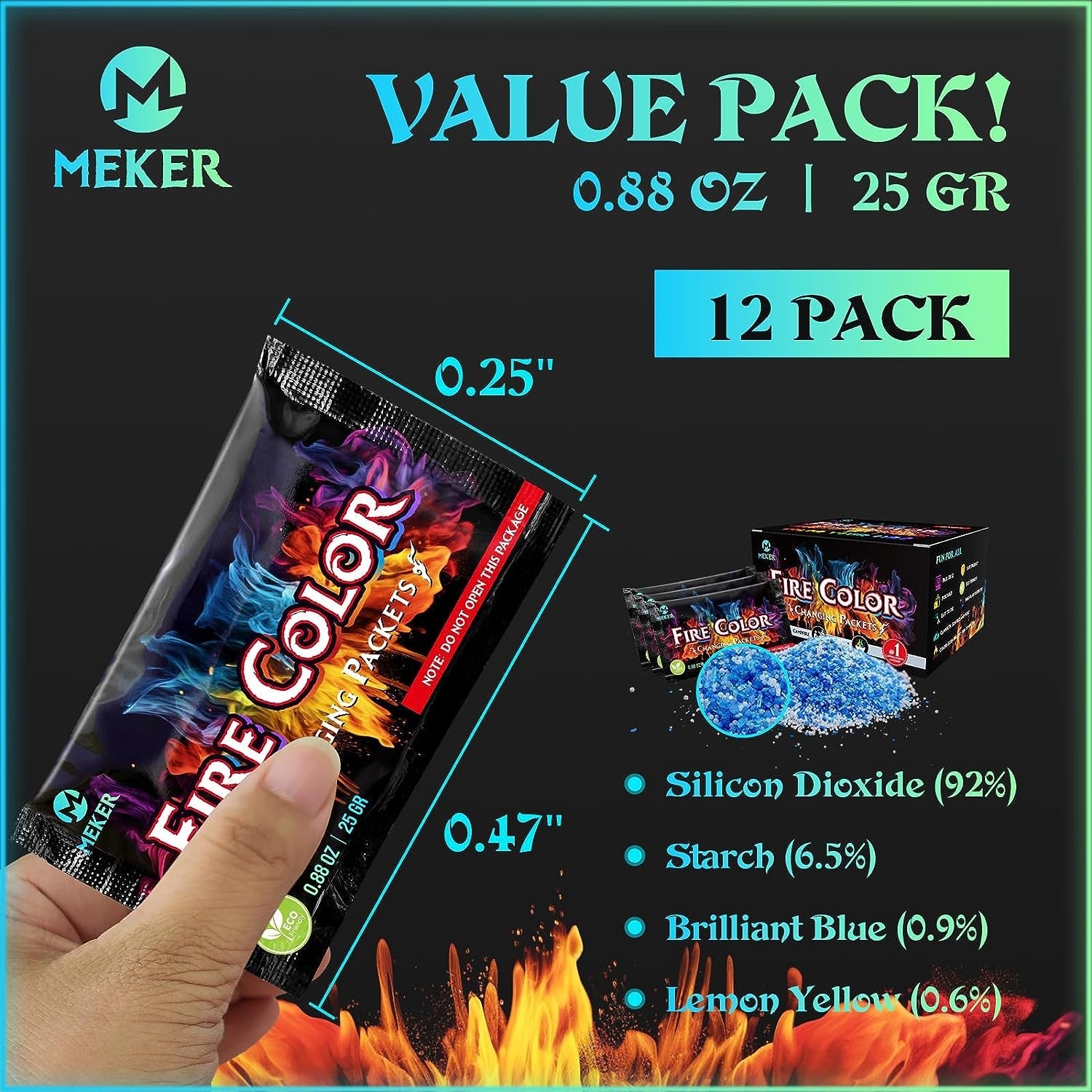 MEKER Fire Color Changing Packets - Fire Pit. Campfires. Outdoor Fireplaces. Bonfire - Magic Colorful Changing Fire - Perfect Fire Camping Accessories for Kids & Adults (12 Pack) - Image 2
