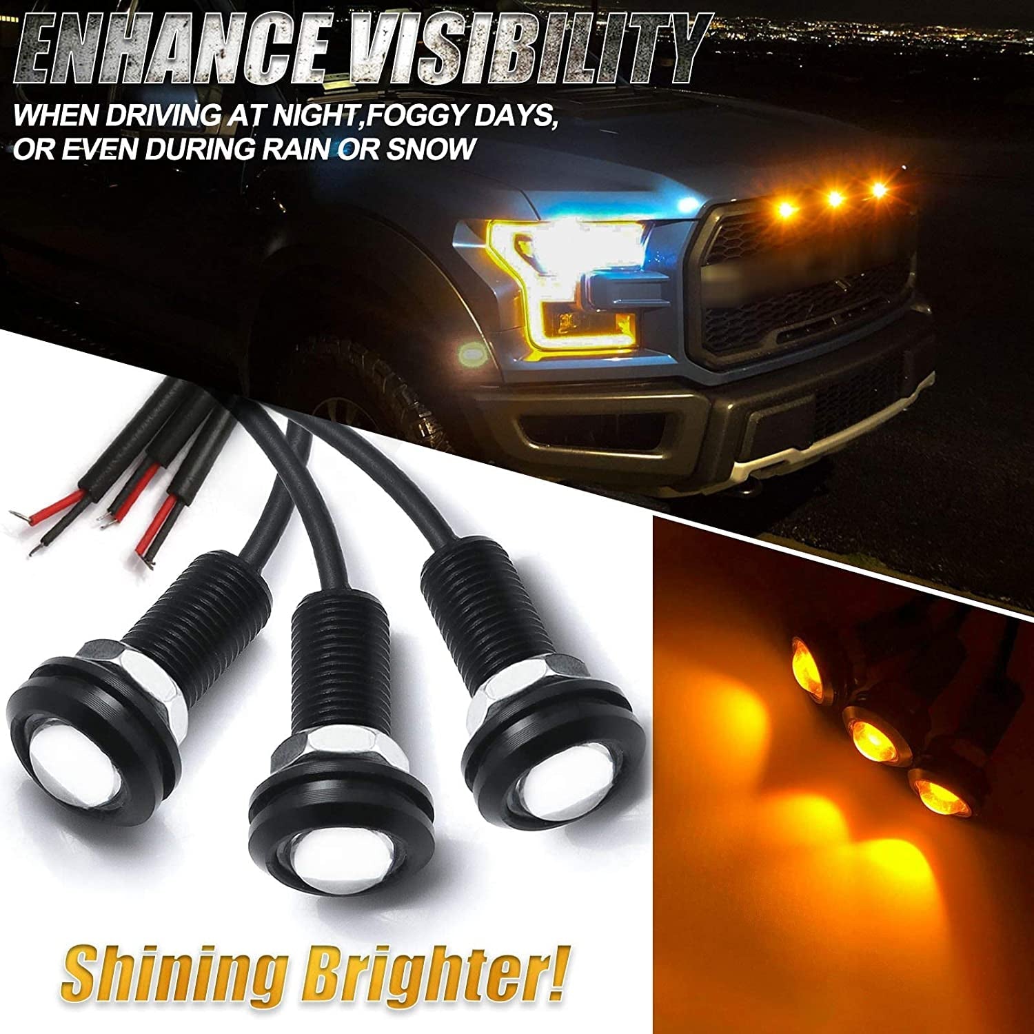 Xotic Tech 3Pcs LED Front Grille Marker Lights W/Projector Lens Assembly Compatible with Cars. Pickups. Trucks. SUV. Trailer. 3000K Amber - Image 3