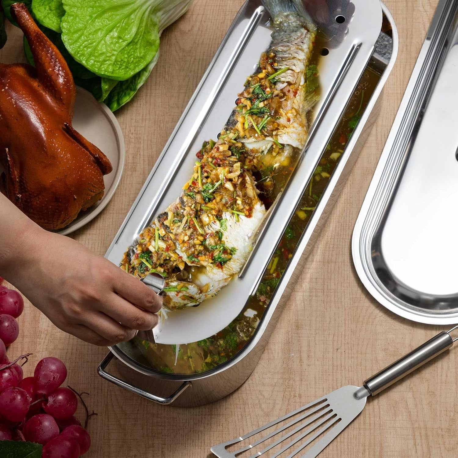 Maxdot Fish Poaching Set – 20 Stainless Steel Poacher Rack & Spatula for Cooking. Flipping & Grilling - Image 7