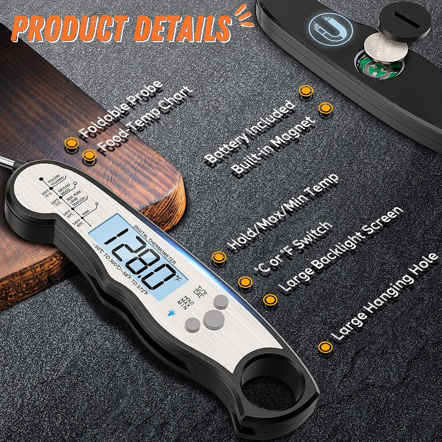 Digital Meat Thermometer. Waterproof Instant Read Food Thermometer for Cooking and Grilling. Kitchen Gadgets. Accessories with Backlight & Calibration for Candy. BBQ Grill. Liquids. Beef. Turkey… - Image 6