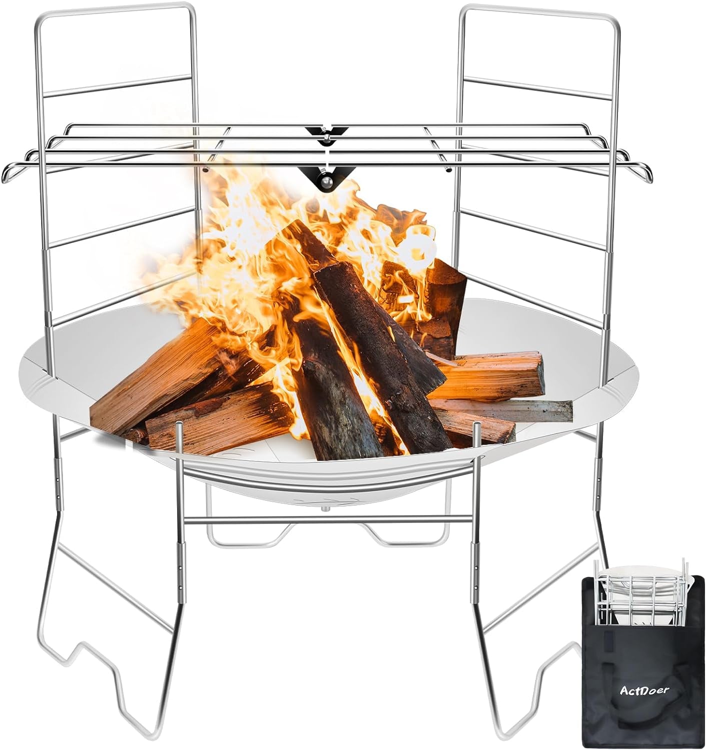 Actdoer Camping Fire Pit 17 Inch - 304 Stainless Steel Portable Fire Pit with Storage Bag for Outdoor Wood Burning. Camping. Backpacking. Outdoor Heating
