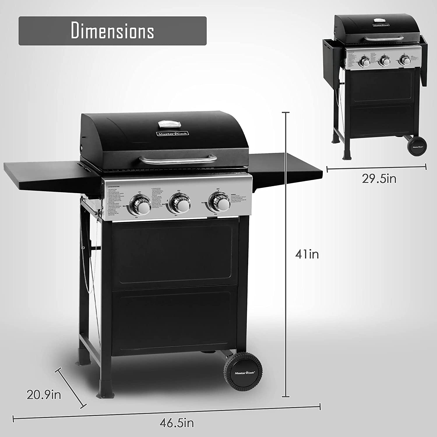 MASTER COOK 3 Burner BBQ Propane Gas Grill. Stainless Steel 30.000 BTU Patio Garden Barbecue Grill with Two Foldable Shelves - Image 2