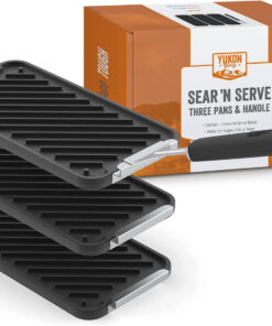 ™ SEAR 'N SERVE Cast Iron Grill Pan Set Includes 3 Cast Iron Grilling Baskets & Clip-On Handle - Cast Iron Grill Pans for Stove Tops or Outdoor Grills