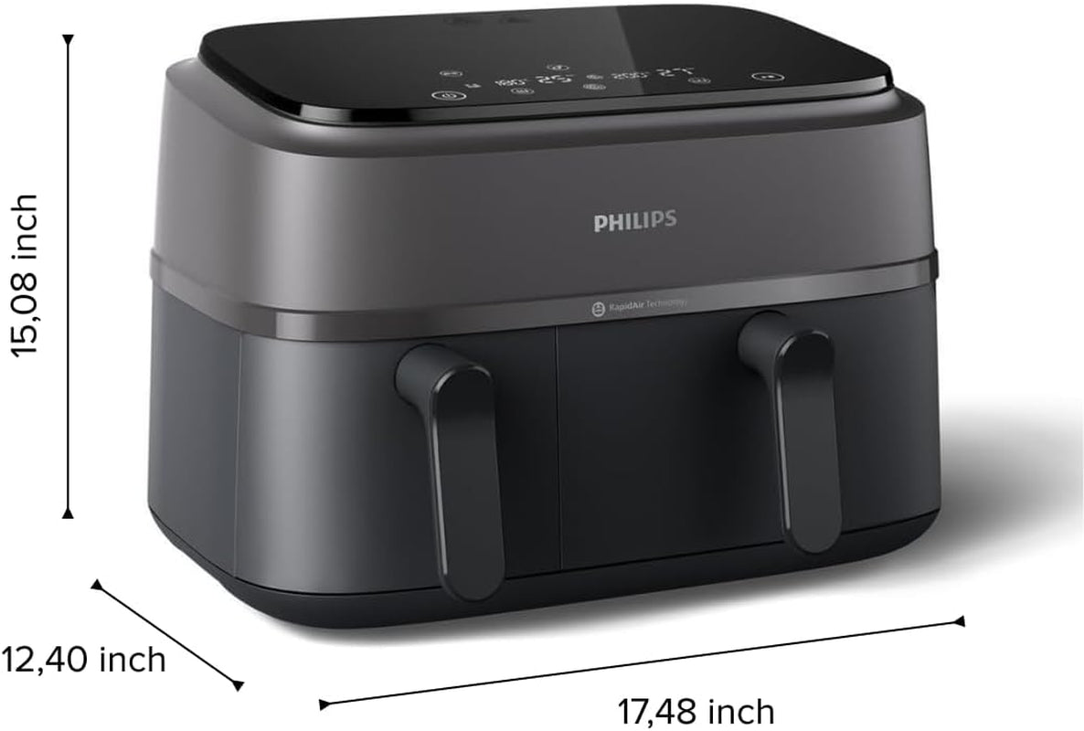 Philips Dual Basket Air Fryer 3000 Series. 8-In-1 Functions. 9.5 Quarts. 2 Drawers. Auto-Sync Cooking Time. 90% Less Fat. Rapid Air Technology. Homeid Recipe App. Dishwasher Safe. Black. (NA350/00) - Image 2
