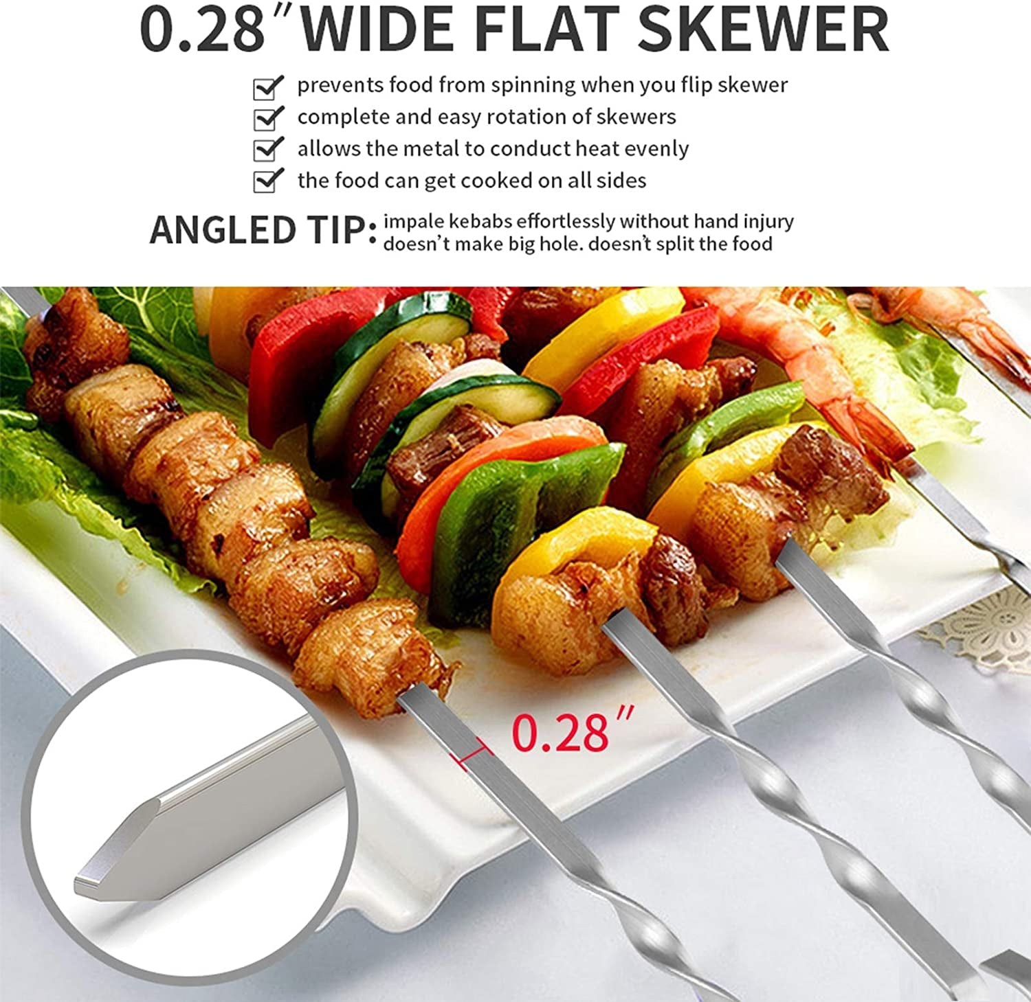 Skewers for Kabobs. 17 Metal Kebab Skewers for Grilling Flat Long Stainless Steel Kabob Skewers Sticks. Reusable Grill Shish BBQ Barbecue Skewers for Meat Chicken Vegetable. 12 Pack Bonus 14 Inch - Image 3