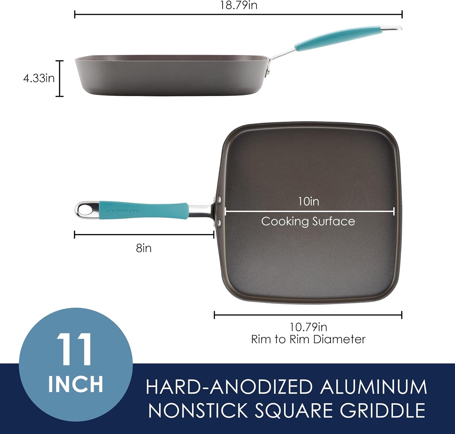 Rachael Ray Cucina Hard Anodized Nonstick Griddle Pan/Flat Grill. 11 Inch. Gray with Agave Blue Handle - Image 2