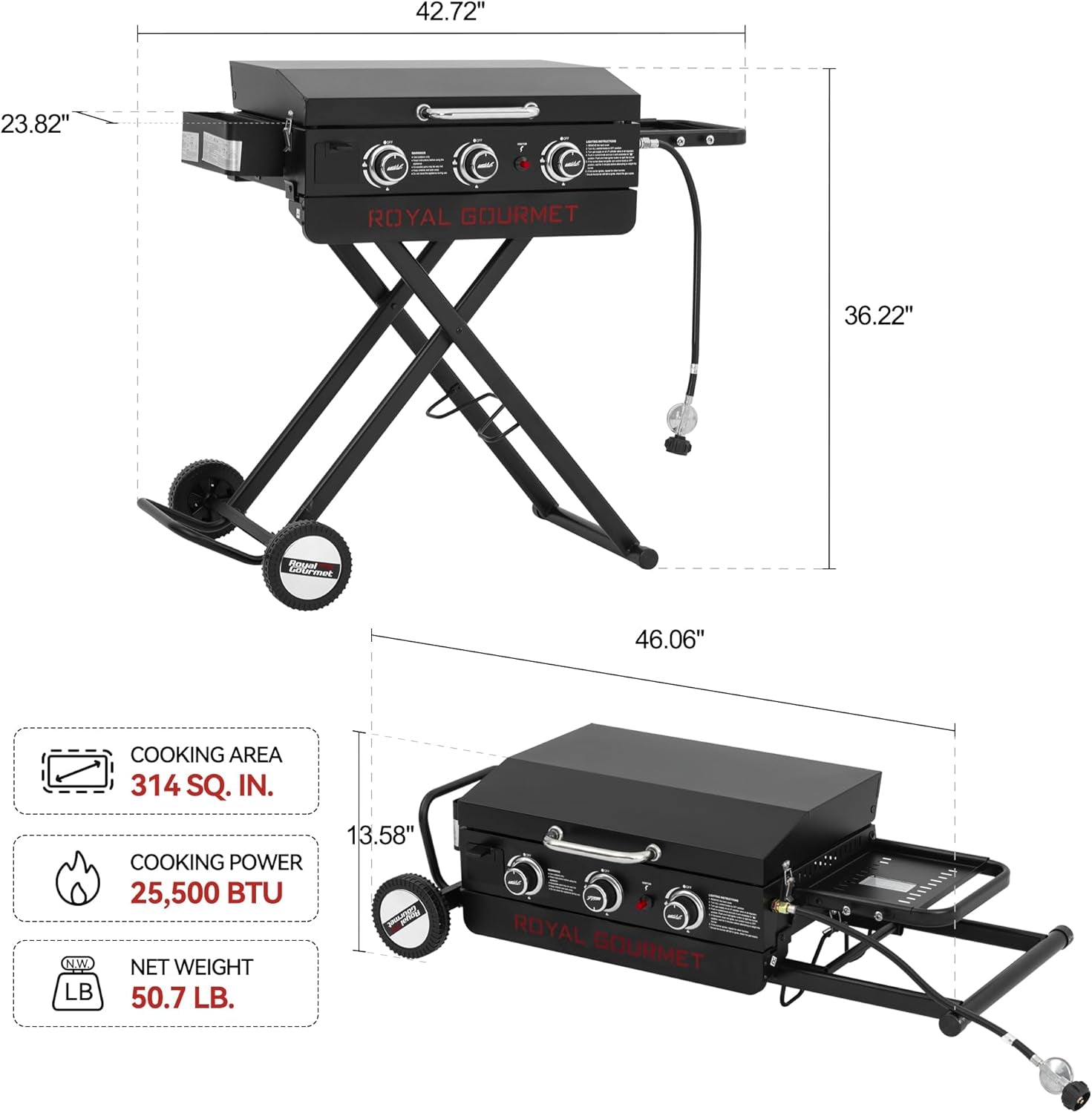 Royal Gourmet PD3001 3-Burner Propane Gas Griddle with Collapsible Stand. 23-Inch Portable Griddle with Side Table & 314 Sq. In. Cooking Area for Camping. Tailgating. Backyard & Patio. Black - Image 3