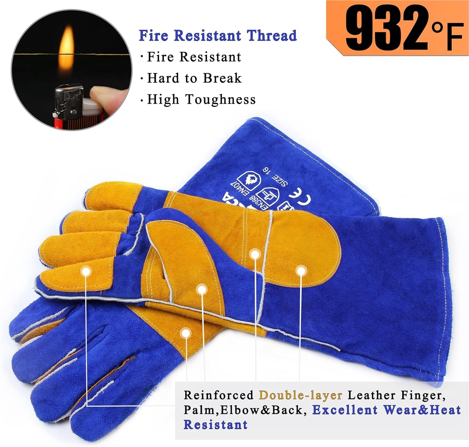 Welding Gloves Blue 16 Inches.932℉. Leather Forge/Mig/Stick Welding Gloves Heat/Fire Resistant. Mitts for Oven/Grill/Fireplace/Furnace/Stove/Pot Holder/Bbq/Animal Handling - Image 4