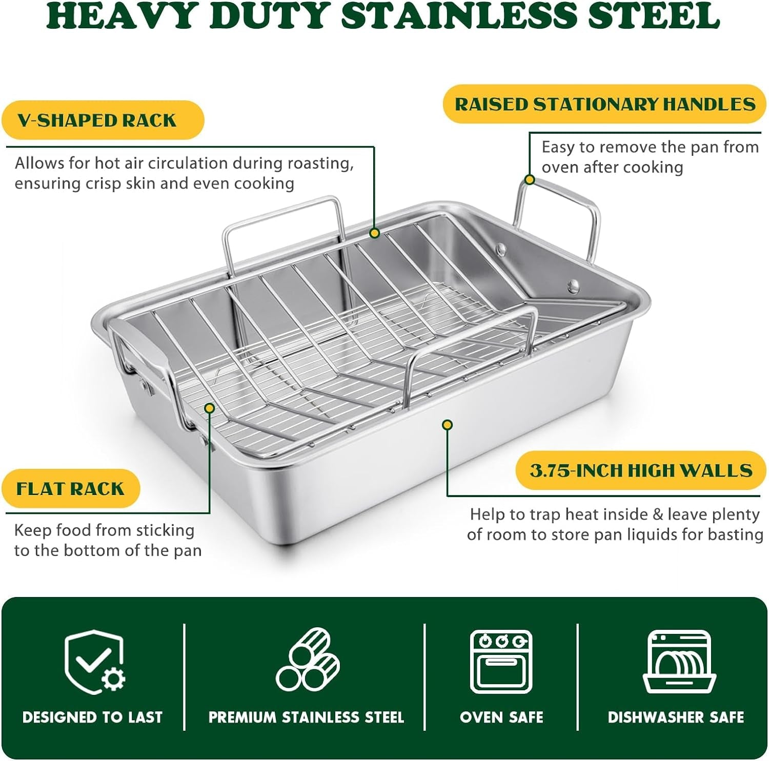 Roasting Pan. E-Far 16 X 11.5 Inch Stainless Steel Turkey Roaster with Rack - Deep Broiling Pan & V-Shaped Rack & Flat Rack. Non-Toxic & Heavy Duty. Easy Clean & Dishwasher Safe - Large - Image 3