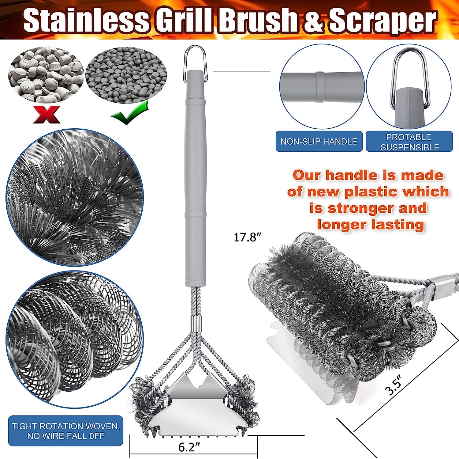 Grill Brush - Grill Brush for Outdoor Grill- BBQ Brush Safe & Efficient Cleaning - Woven W/Wire Combined Barbecue Bristles.18 Grill Cleaner Brush for Any Grill- BBQ Accessories Gifts for Men Dad - Image 4
