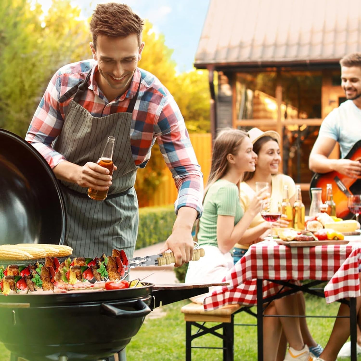 Kabob Skewers.23.6 Inch Flat Skewers for Grilling with Wooden Handle.Reusable Stainless Steel Metal BBQ Barbecue Skewer.Shish Kebab Stick Set for Meat Shrimp Chicken Vegetable-12Pcs. - Image 5