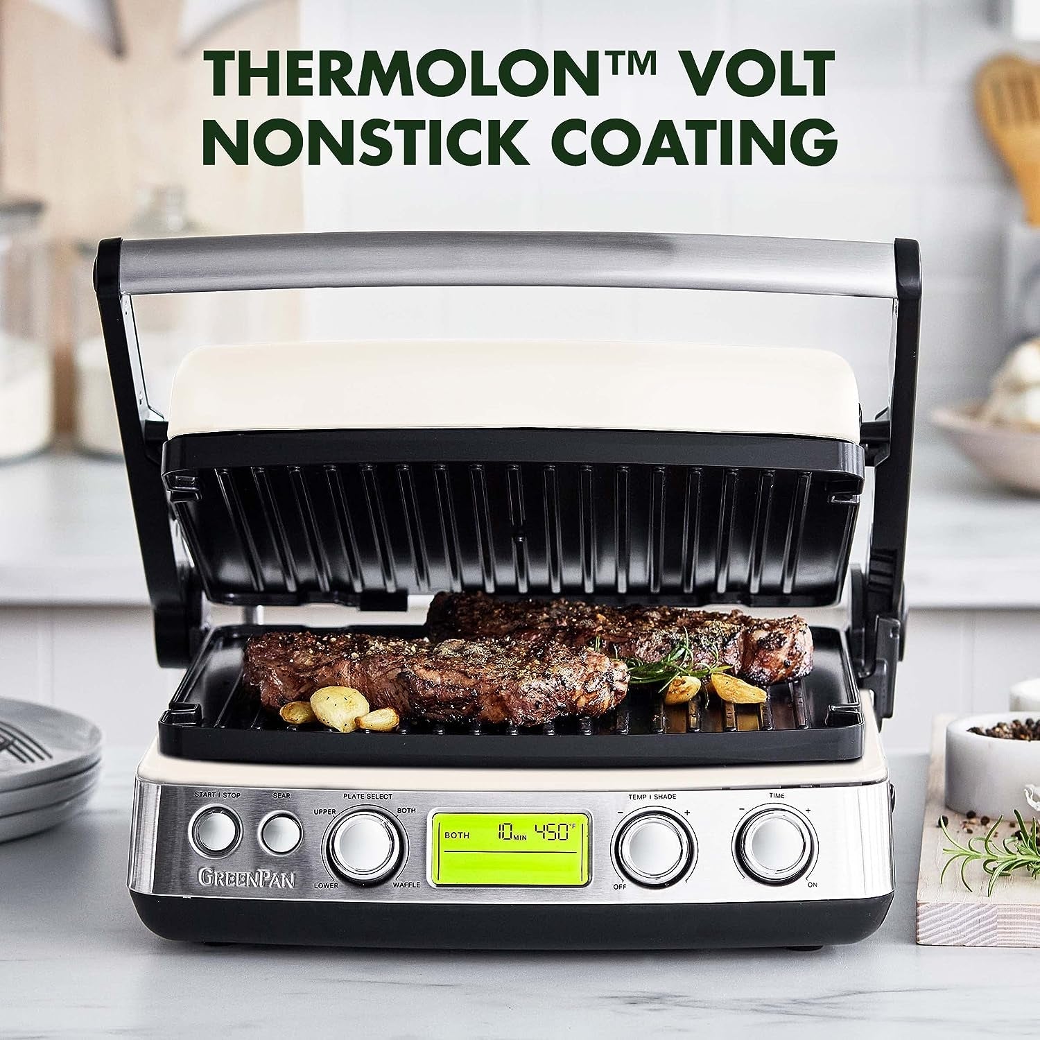 Elite 7-In-1 Multi-Function Contact Grill & Griddle. Healthy Ceramic Nonstick Aluminum. Two Sets of Grill & Waffle Plates. Adjustable Shade & Shear. Closed Press/Open Flat Surface.Cream White - Image 2