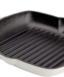 Enameled Cast Iron Square Griddle Grill Pan with Ridges. Helper Handle and Pouring Spouts for Easy Draining. Indoor Grilling Skillet. 11-Inch. Cream