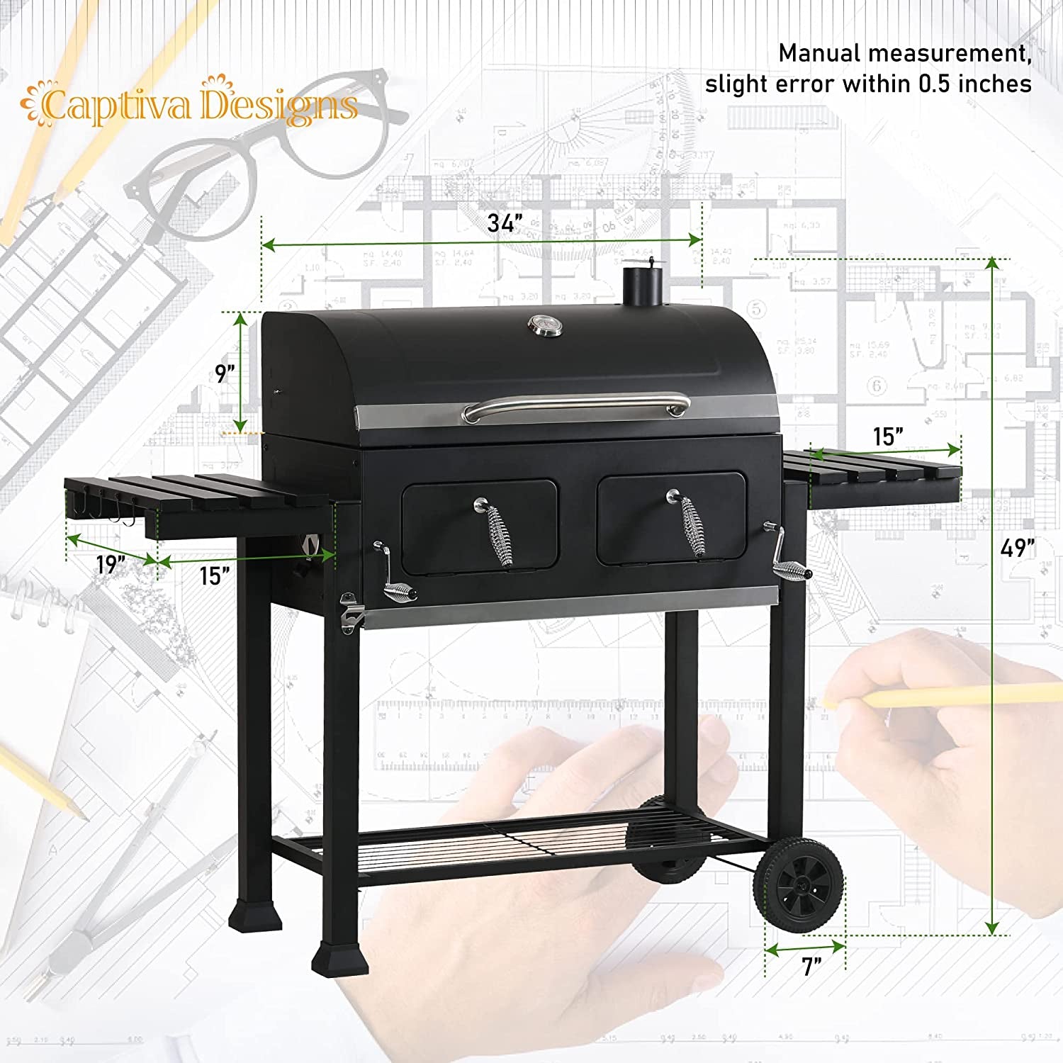 Captiva Designs Extra Large Charcoal BBQ Grill with Oversize Cooking Area(794 Sq.In.). Outdoor Cooking Grill with 2 Individual Lifting Charcoal Trays and 2 Foldable Side Tables - Image 6
