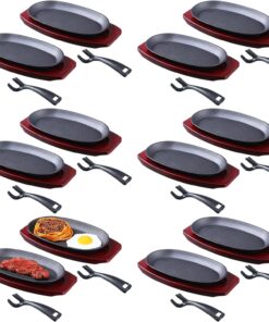 12 Pieces Oval Cast Iron Fajita Pan Set Sizzling Steak Plate with Wooden Base and Handle Cast Iron Steak Cast Iron Fajita Skillet Sizzling Plate for Home Restaurant and Barbecue Picnic