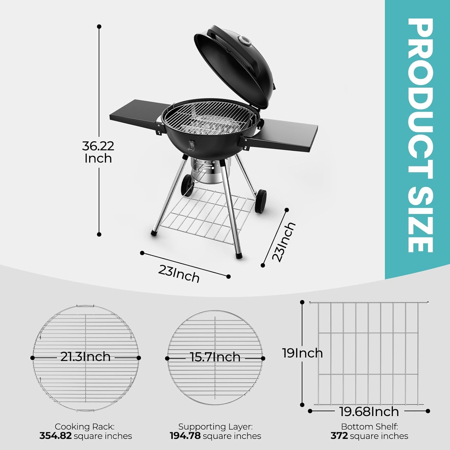 22 Inch Charcoal Grill with 2 Foldable Side Tables.Charcoal Kettle Grills with Wheels.Outdoor Bbq Grill.Portable Charcoal Grill for Camping.Party.Backyard (Black) - Image 4