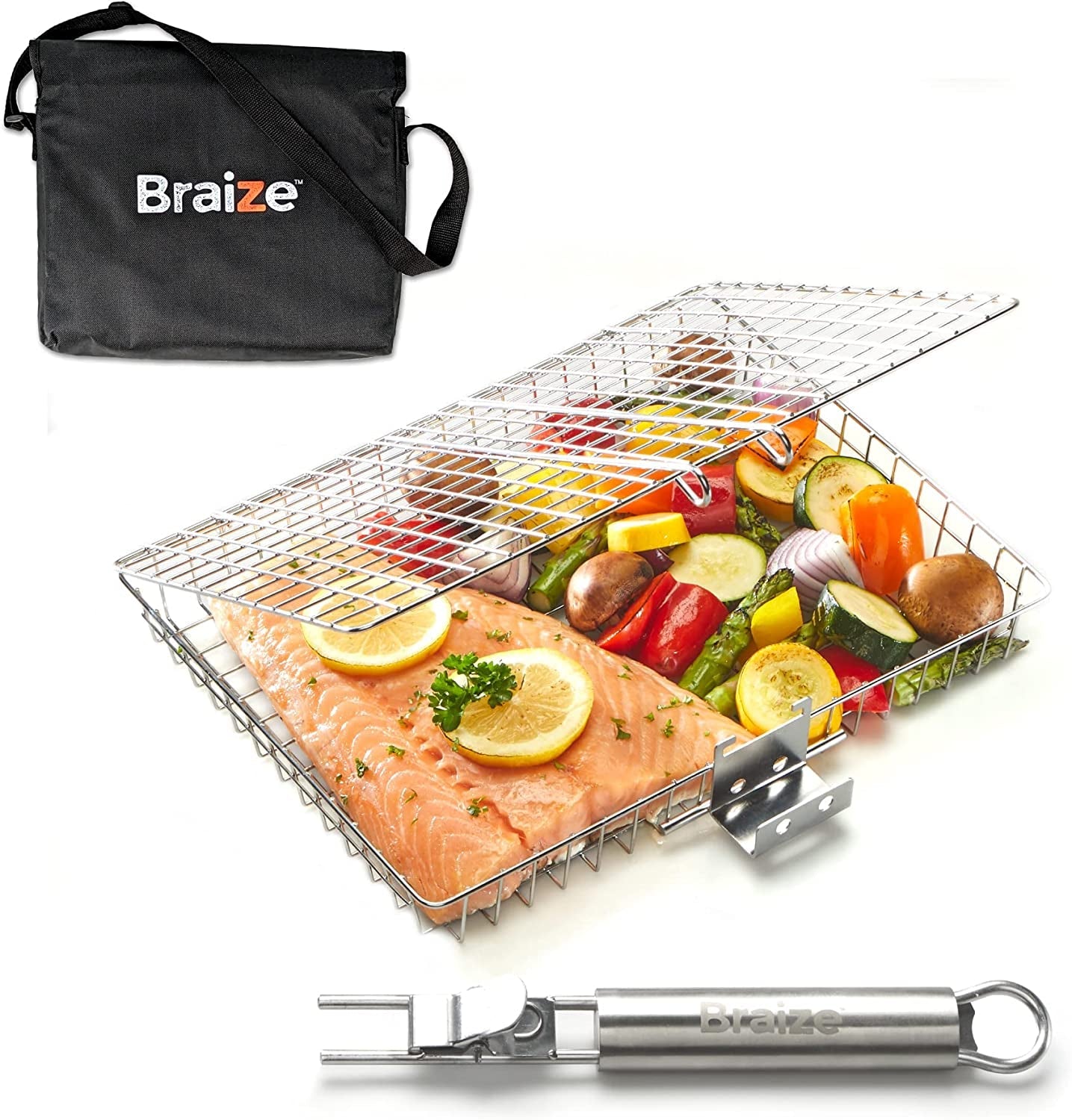 Braize Grill Basket with REMOVABLE HANDLE. Fish Grill Basket - Accessories for Outdoor Grill. Cooking Accessories. Bbq Grill. Grilling Grilling Set Camping Gear Accessories.
