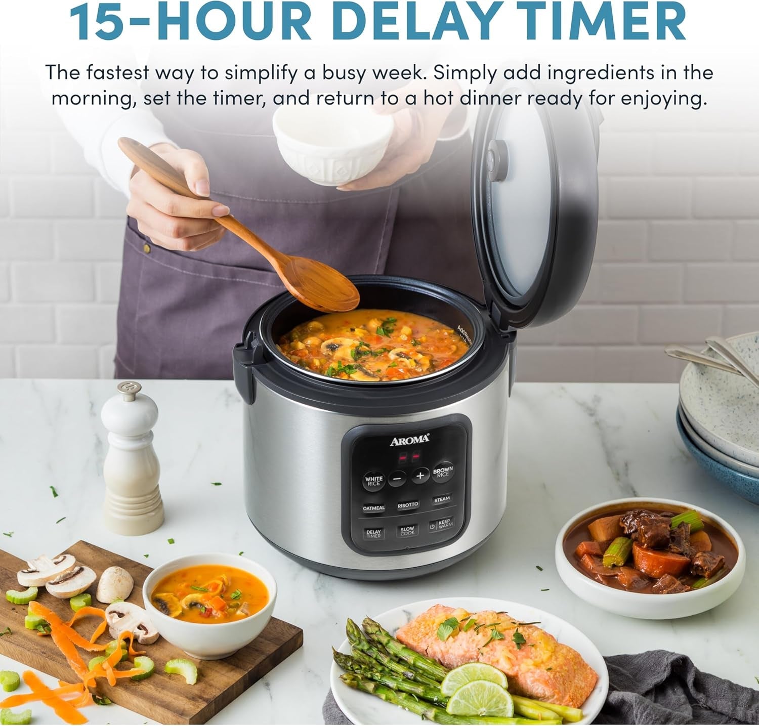 AROMA® Digital Rice Cooker. 4-Cup (Uncooked) / 8-Cup (Cooked). Steamer. Multicooker. Slow Cooker. Oatmeal Cooker. Auto Keep Warm. 2 Qt. Stainless Steel Exterior - Image 3