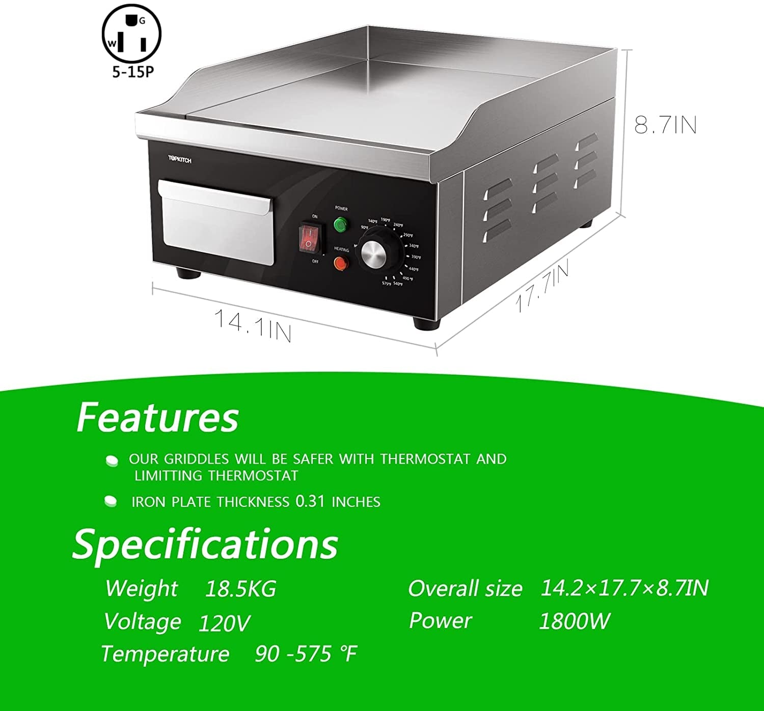 Electric Griddle. 14 Inch Flat Top Grill Commercial Electric Griddles Stainless Steel Adjustable Temperature Control 90℉-575℉ for Home or Restaurant Use - Image 3