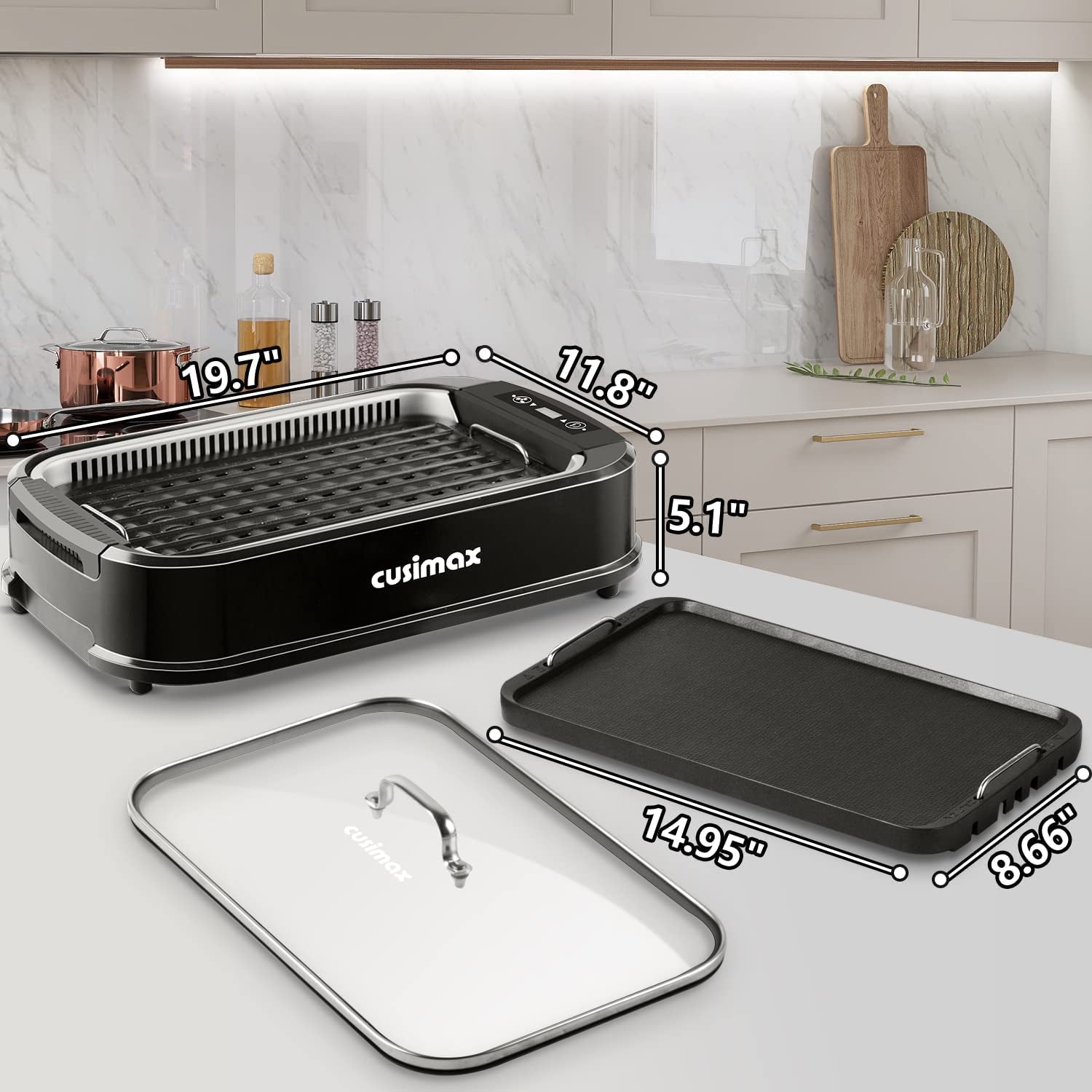 Indoor Grill. Smokeless Grill Indoor. 1500W Electric Grill Griddle Korean BBQ Grill with LED Smart Display & Tempered Glass Lid. Non-Stick Removable Grill Plate & Griddle Plate. Black - Image 6
